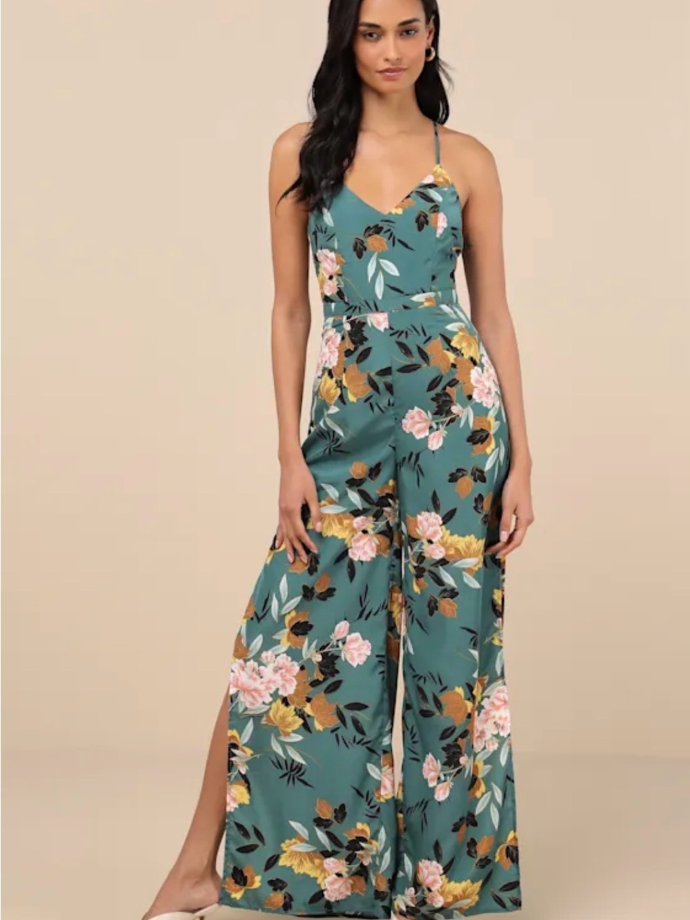 NWT LuLus Beautiful Blooms Teal Green Floral Print Wide-Leg Jumpsuit Size XS